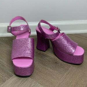 Dolls Kill Horoscopez Pink Glitter 70s Platform Heels Size 8